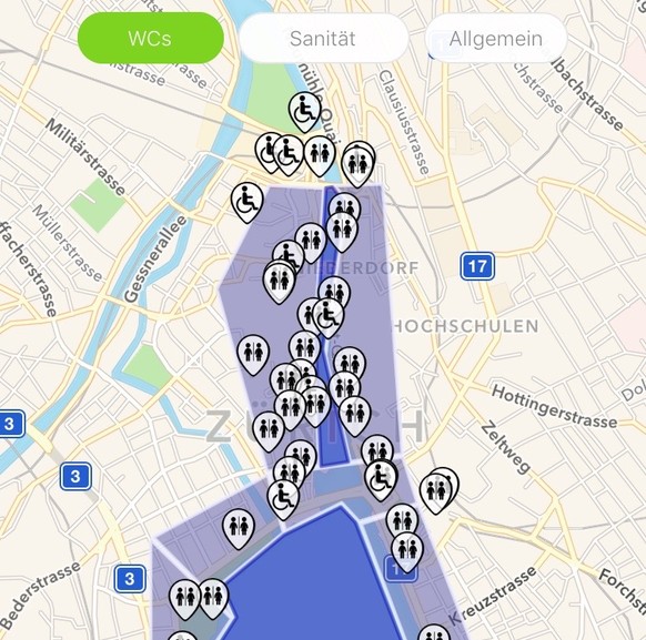 In der Züri Fäscht App findest du alle Toiletten und Sanitätsposten auf dem Festareal.