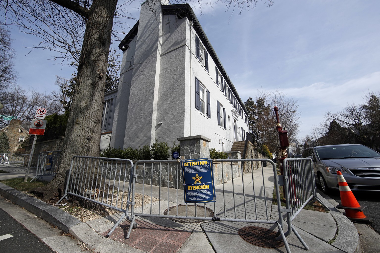 A sign is seen on a barricade in front of the home of Ivanka Trump, the daughter of President Donald Trump, and her husband White House Senior Advisor Jared Kushner, Friday, March 24, 2017, in Washing ...