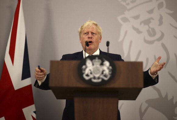 British Prime Minister Boris Johnson speaks during a news conference at the Commonwealth Heads of Government Meeting, in Kigali, Rwanda Friday, June 24, 2022. Leaders of Commonwealth nations were meet ...