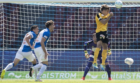 YBs Michael Frey, rechts, trifft zum 1:1 Tor am Super League Fussballspiel zwischen dem Grasshopper Club Zuerich und den Berner Youngs Boys im Letzigrund, aufgenommen am Sonntag, 28. August 2016 in Zu ...