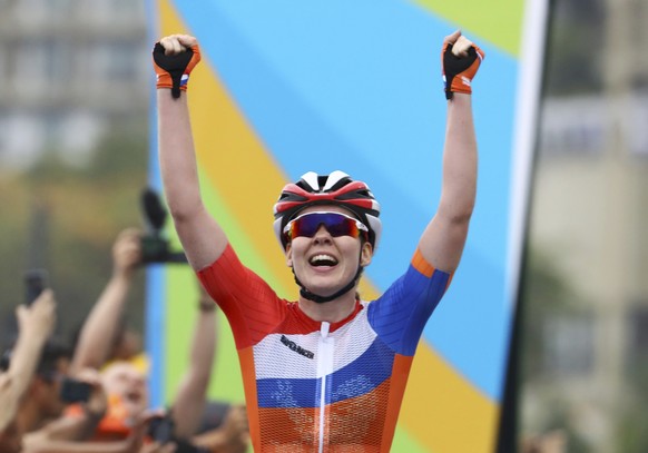 2016 Rio Olympics - Cycling Road - Final - Women&#039;s Road Race - Fort Copacabana - Rio de Janeiro, Brazil - 07/08/2016. Anna van der Breggen (NED) of Netherlands celebrates at the end of the race.  ...