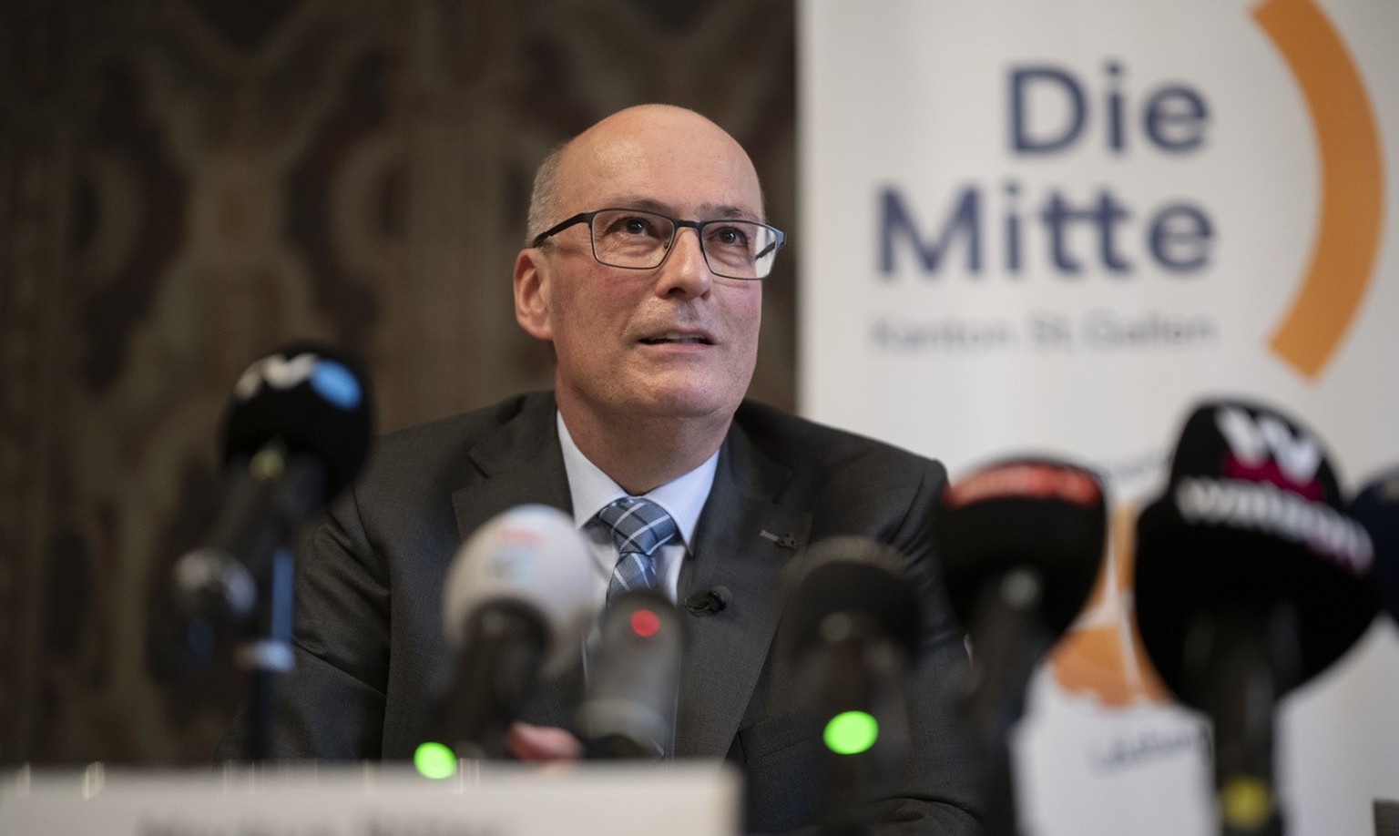 Nachrichten Linkding Nationalrat Markus Ritter spricht an einer Medienorientierung der Mitte des Kantons St. Gallen zu seiner Kandidatur fuer den Buendesrat, am Dienstag, 28. Januar 2025, in St. Gallen. (KEYSTONE/Gian Ehr ...