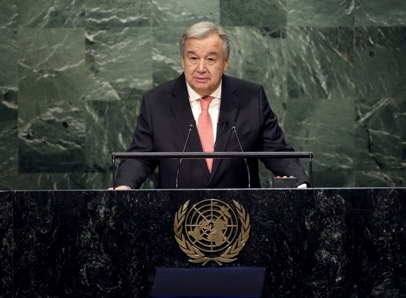 The United Nations Secretary-General designate Antonio Guterres speaks during his swearing-in ceremony at U.N. headquarters, Monday, Dec. 12, 2016. Guterres has been sworn in as Secretary-General of t ...