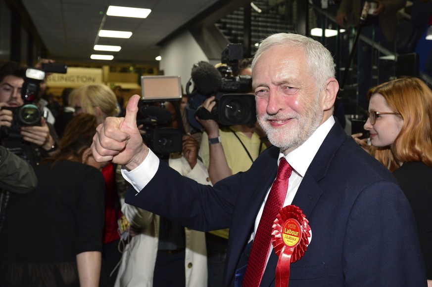 Britain&#039;s Labour party leader Jeremy Corbyn gestures as he arrives for the declaration at his constituency in London, Friday, June 9, 2017. Britain voted Thursday in an election that started out  ...