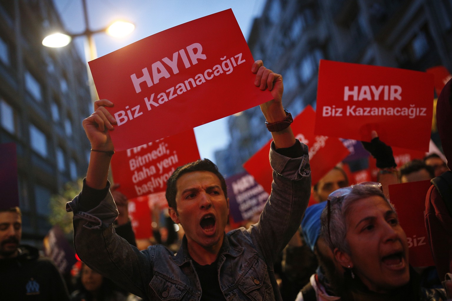 Supporters of the &#039;no&#039; vote protest in Istanbul, against the referendum outcome, Monday, April 17, 2017. The placards reads in Turkish: &#039;No we will win&#039;. Turkey&#039;s main opposit ...