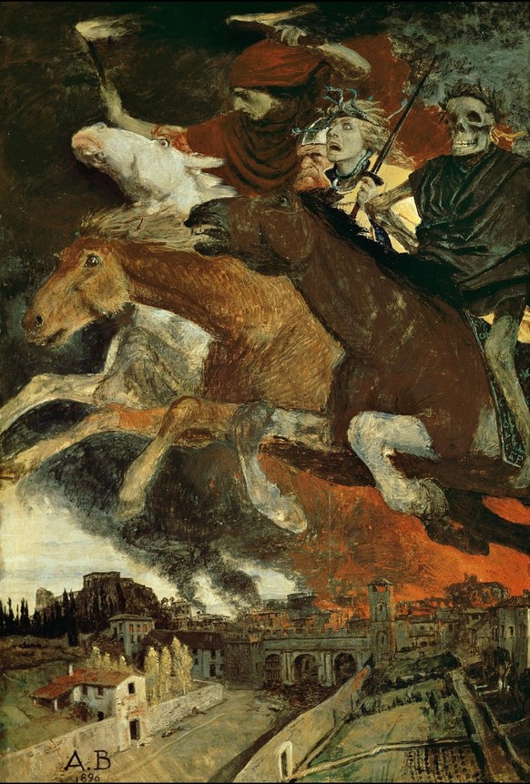 SKD173221 War, 1896 (oil on canvas) by Bocklin, Arnold (1827-1901); Galerie Neue Meister, Dresden, Germany; (add.info.: Four Horsemen of the Apocalypse;); Â© Staatliche Kunstsammlungen Dresden; Swiss, ...