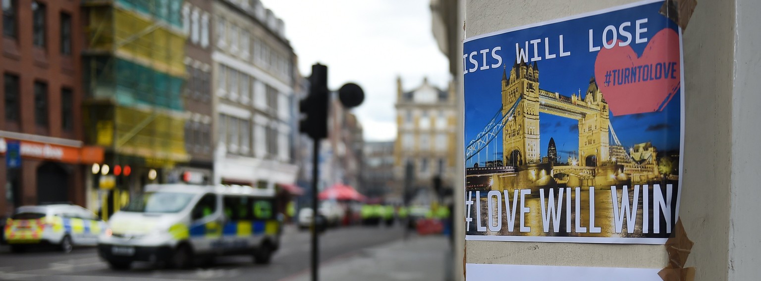 epa06010488 An anti ISIS poster seen near Borough Market, in the aftermath of multiple 03 June attacks, London, Britain, 04 June 2017. At least seven members of the public were killed and dozens injur ...