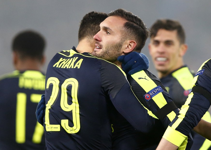 Football Soccer - FC Basel v Arsenal - UEFA Champions League Group Stage - Group A - St.Jakob-Park, Basel, Switzerland - 6/12/16 Arsenal&#039;s Lucas Perez celebrates scoring their third goal with Gra ...