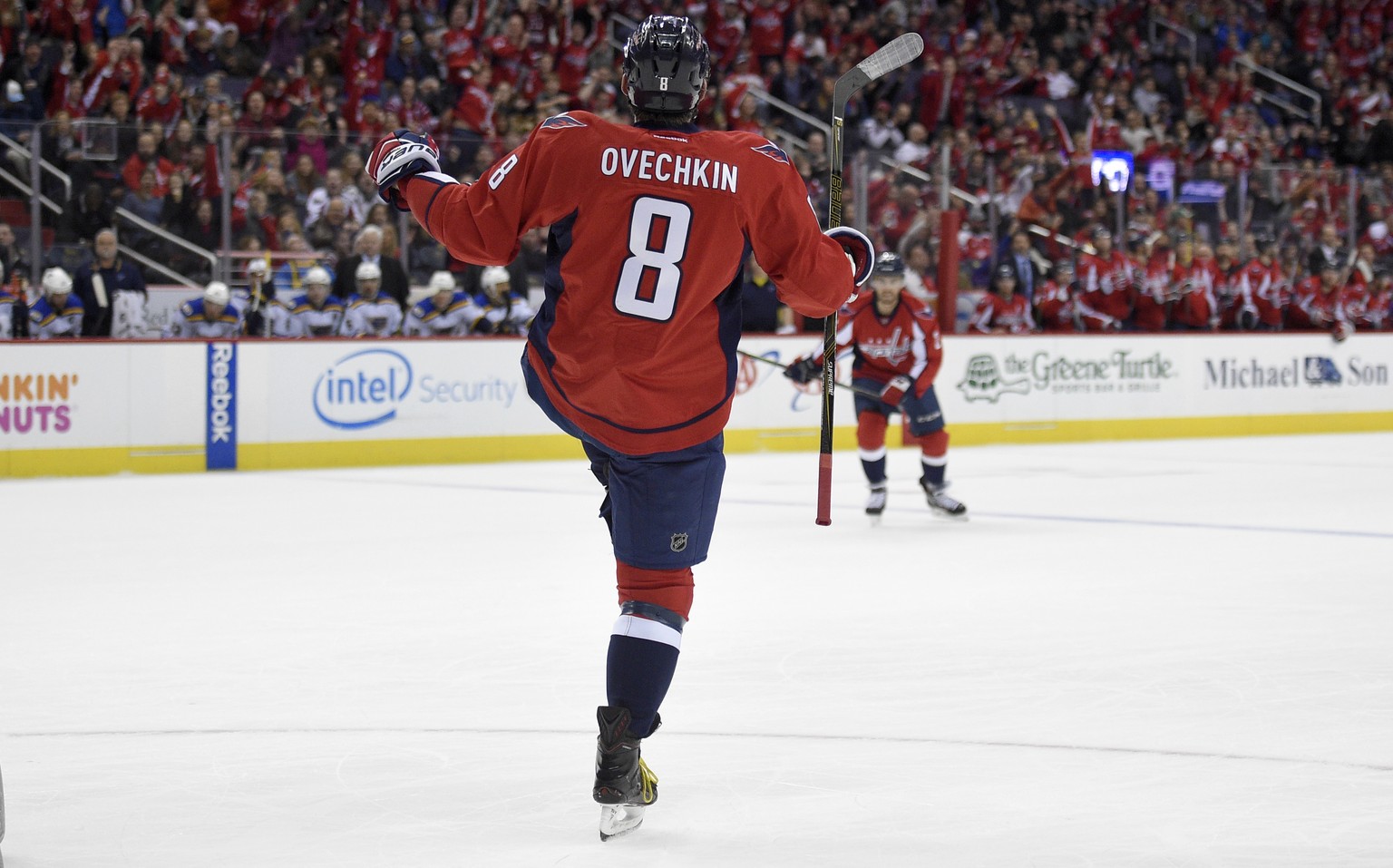 Washington Capitals left wing Alex Ovechkin (8), of Russia, celebrates his goal during the first period of the team&#039;s NHL hockey game against the St. Louis Blues, Wednesday, Nov. 23, 2016, in Was ...