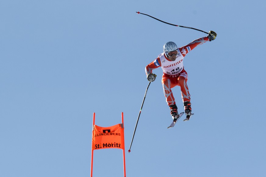 Cristian Javier Simari Birkner of Argentina is airborne during the men downhill race at the 2017 FIS Alpine Skiing World Championships in St. Moritz, Switzerland, Sunday, February 12, 2017. (KEYSTONE/ ...