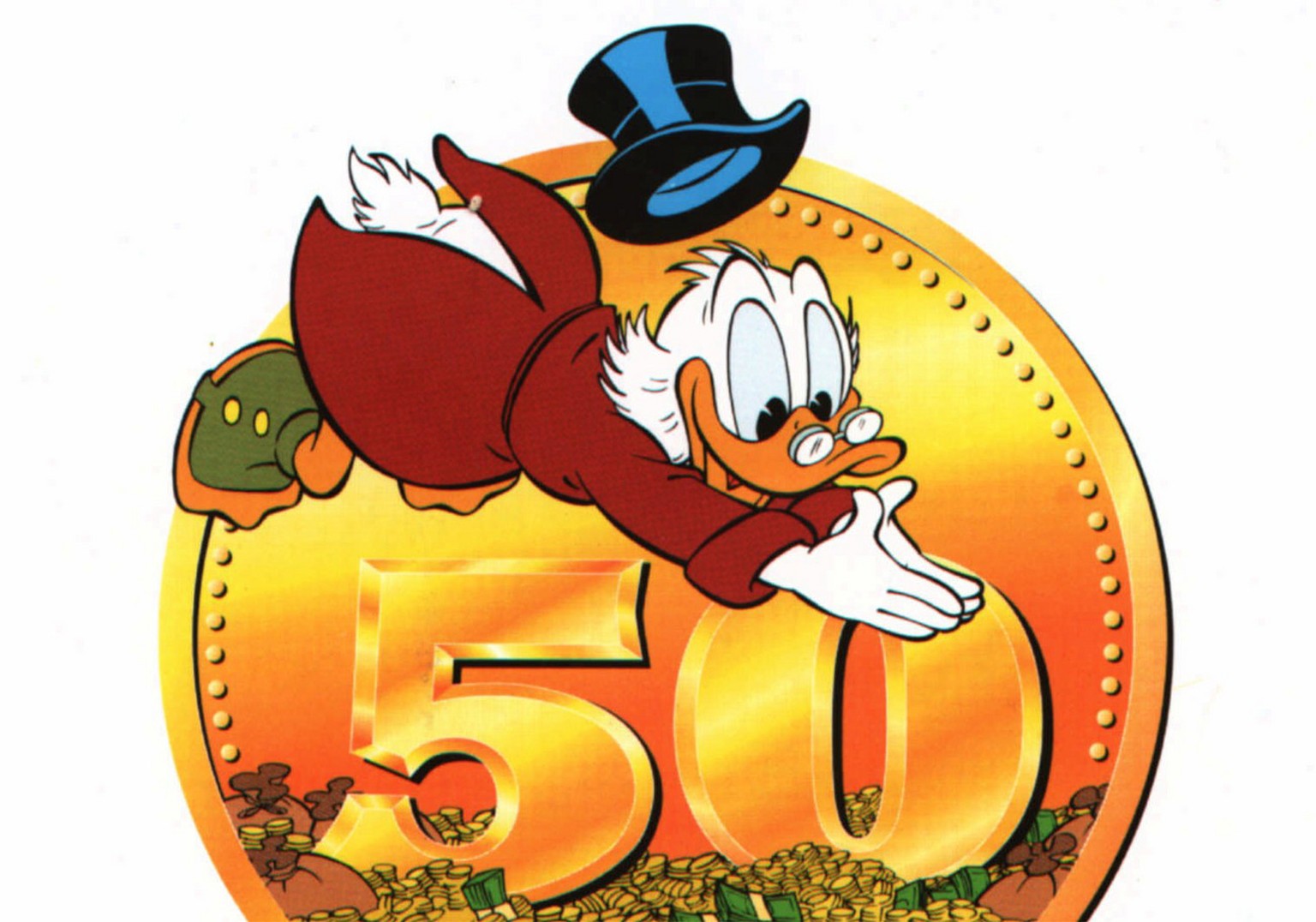 Uncle Scrooge McDuck jumps into a pile of money in this undated picture released by the Walt Disney Co. in 2002 to coincide with the 50th anniversary of the miserly character. Comcast Corp. astounded  ...