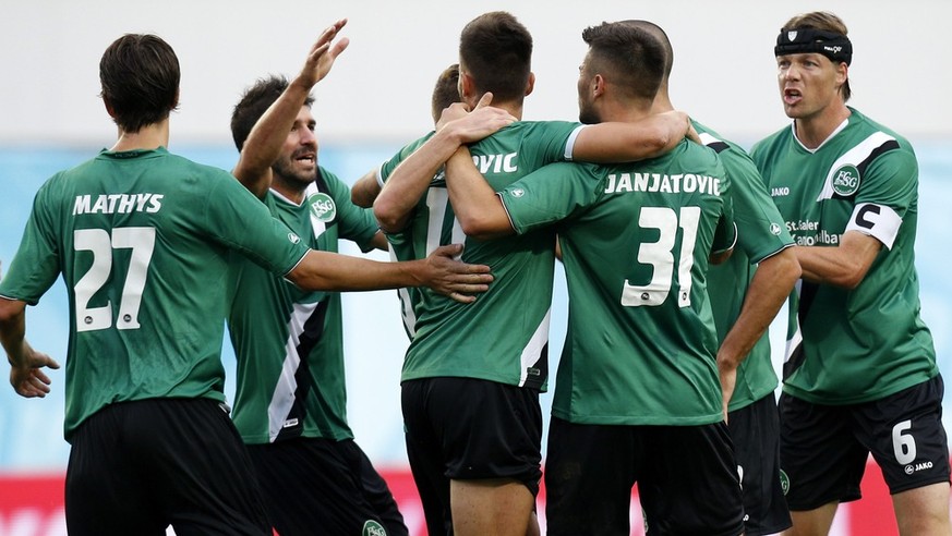 St. Gallen&#039;s team players celebrate their goal against Spartak Moscow&#039;s team during their Europa League play-offs second leg match between Russia&#039;s Spartak Moscow and FC St. Gallen in M ...