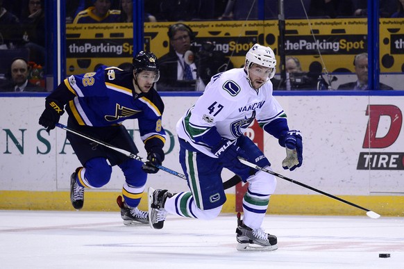 Mar 23, 2017; St. Louis, MO, USA; Vancouver Canucks left wing Sven Baertschi (47) handles the puck against the St. Louis Blues during the first period at Scottrade Center. Mandatory Credit: Jeff Curry ...