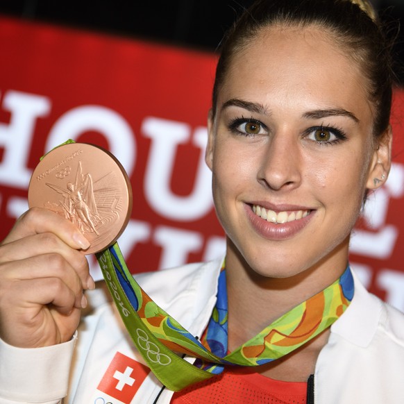 Giulia Steingruber celebrates her bronze medal in the Artistic Gymnastics Vault final in the House of Switzerland at the Rio 2016 Olympic Games in Rio de Janeiro, Brazil, on Tuesday, August 16, 2016.  ...