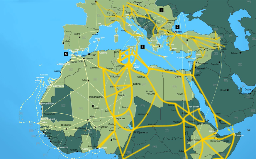 Die wichtigsten Flüchtlingsrouten: 1. Zentrale Mittelmeerroute, die zweitwichtigste Route 2015. 2. Die östliche Mittelmeerroute, die wichtigste Route im 2015. 3. Die westliche Balkanroute. 4. Die west ...