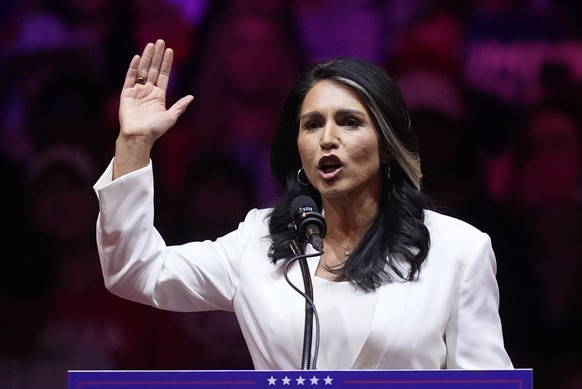 Nachrichten Linkding Tulsi Gabbard speaks before Republican presidential nominee former President Donald Trump at a campaign rally at Madison Square Garden, Sunday, Oct. 27, 2024, in New York. (AP Photo/Evan Vucci)