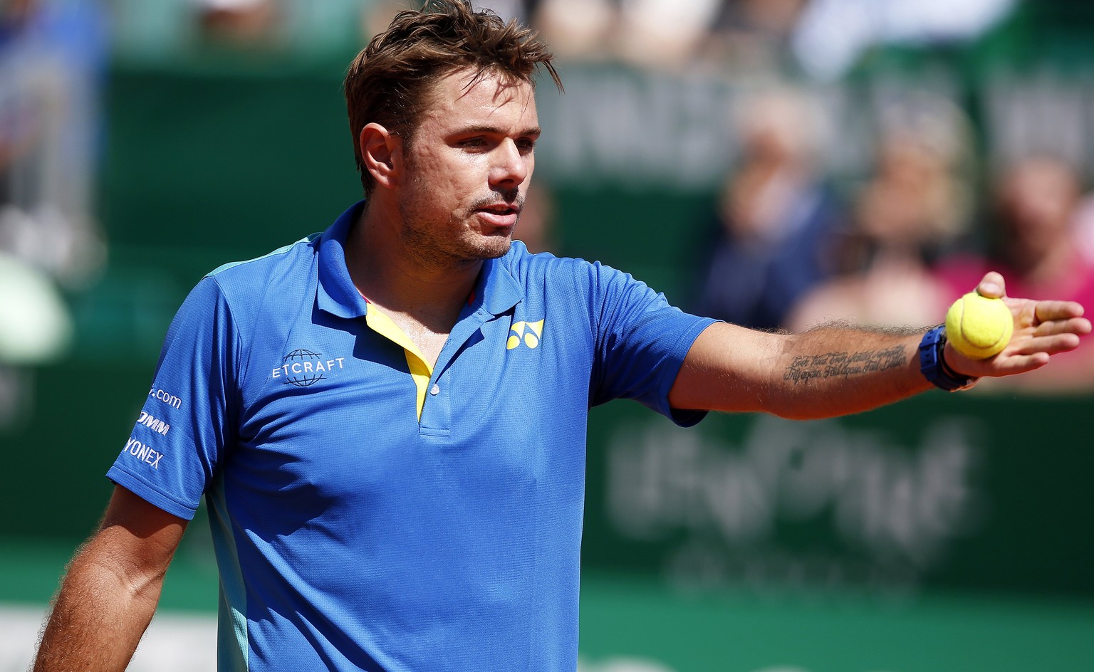 epa05914727 Stan Wawrinka of Switzerland reacts during his second round match against Jiri Vesely of the Czech Republic at the Monte-Carlo Rolex Masters tournament in Roquebrune Cap Martin, France, 19 ...