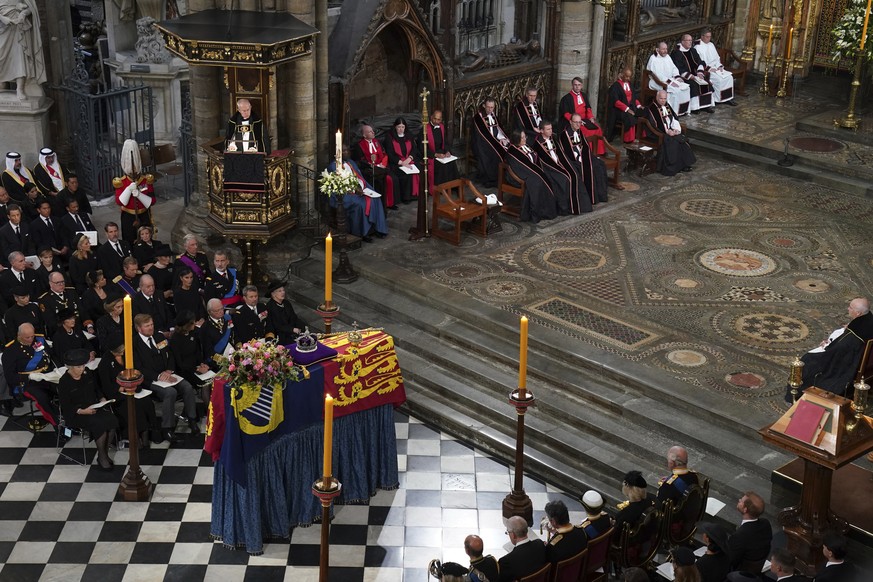 Archbishop of Canterbury, the Most Reverend Justin Welby speaking during the State Funeral of Queen Elizabeth II, held at Westminster Abbey, London, Monday, Sept. 19, 2022. (Gareth Fuller/Pool Photo v ...