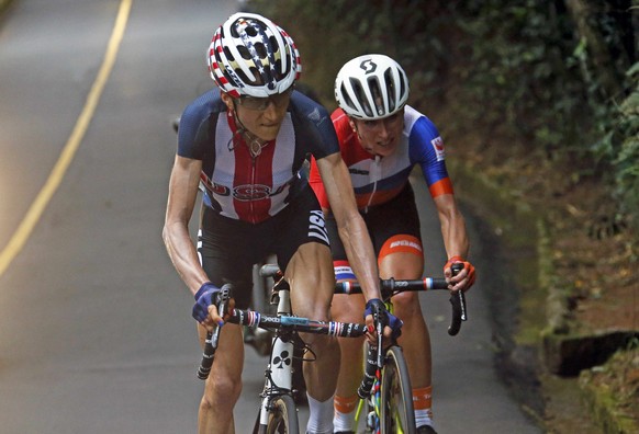 2016 Rio Olympics - Cycling Road - Final - Women&#039;s Road Race - Fort Copacabana - Rio de Janeiro, Brazil - 07/08/2016. Mara Abbott (USA) of USA leads ahead of Annemiek van Vleuten (NED) of Netherl ...