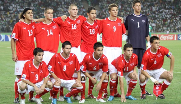 Switzerland&#039;s soccer players with back row from left to right: Ricardo Rodriguez, Bruno Martignoni, Pajtim Kasami, Nassim Ben Khalifa, Haris Seferovic, and Goalkeeper Benjamin Siegrist; front row ...