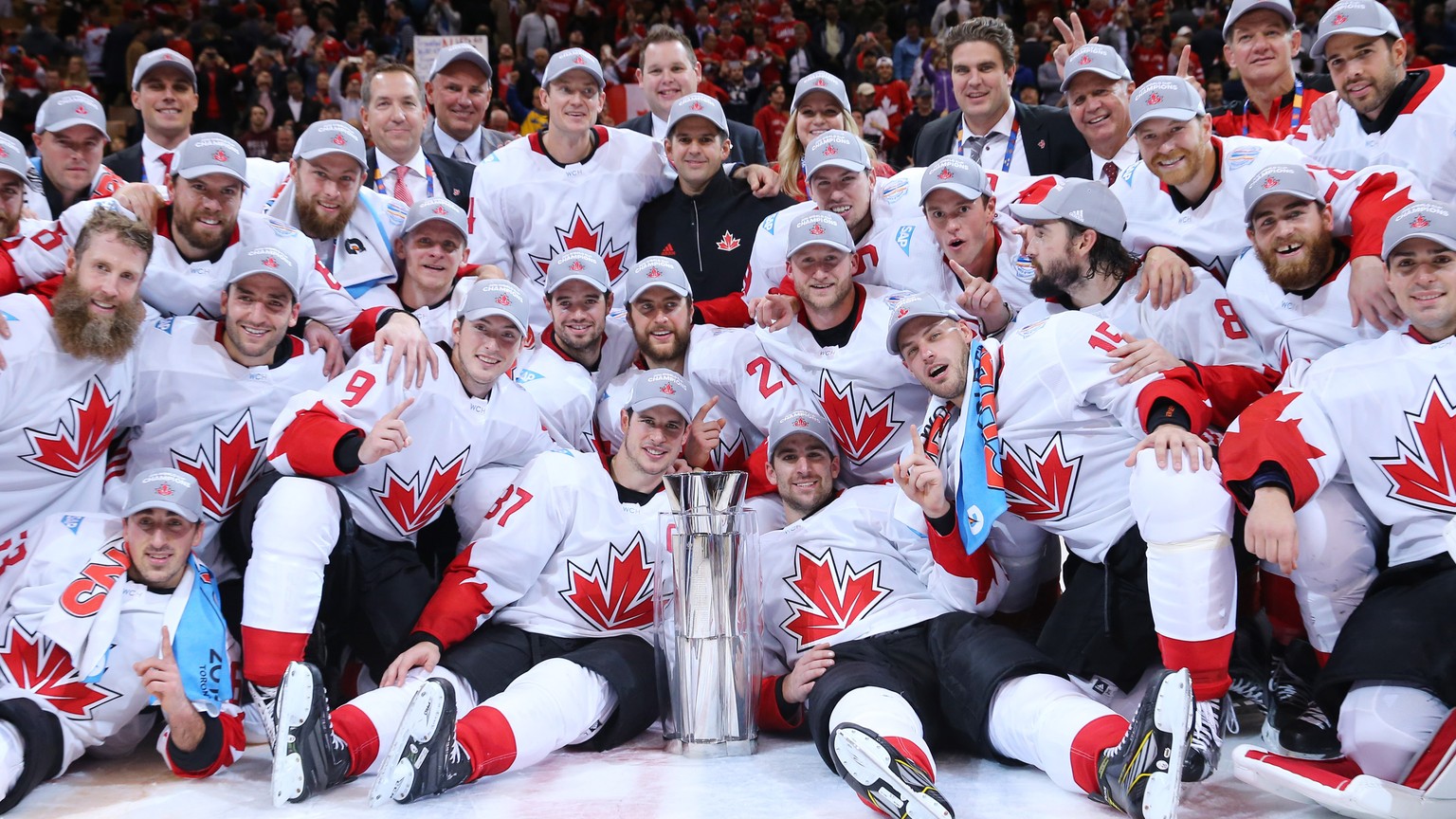 Sep 29, 2016; Toronto, Ontario, Canada; Team Canada players pose for a team photo after defeating Team Europe in game two of the World Cup of Hockey final at Air Canada Centre. Mandatory Credit: Bruce ...