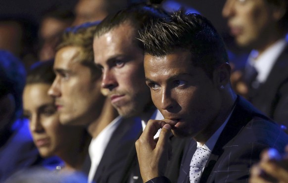 The final nominees for the 2015/16 UEFA Best Player in Europe award, from R-L, Cristiano Ronaldo, Gareth Bale and Antoine Griezmann attend the draw ceremony for the 2016/2017 Champions League Cup socc ...