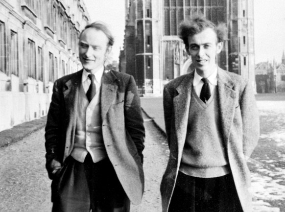 James D. Watson, right, and Francis H. Crick walk along &quot;the Backs&quot; at England&#039;s Cambridge University in a photo from the 1950s. The two scientists won the Nobel Prize in 1962 for the d ...