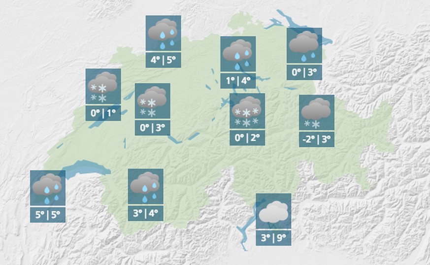 Ein Blick auf die aktuelle Wetterkarte zeigt Schnee und Regen.