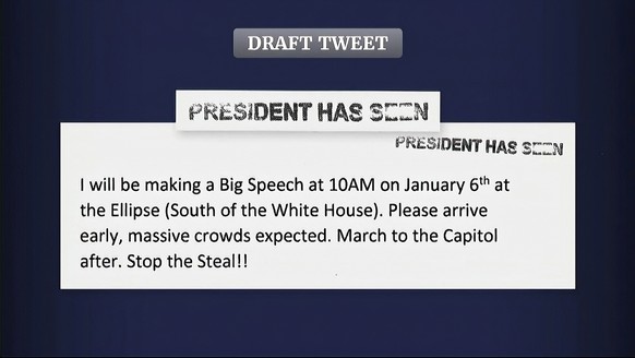 This exhibit from video released by the House Select Committee, shows a draft tweet prepared for former President Donald Trump, displayed at a hearing by the House select committee investigating the J ...