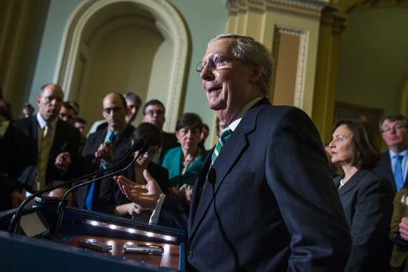 epa04666486 Republican Senate Majority Leader from Kentucky Mitch McConnell speaks to the media about the nomination of Loretta Lynch to be attorney general in the US Capitol Washington, DC, USA 17 Ma ...