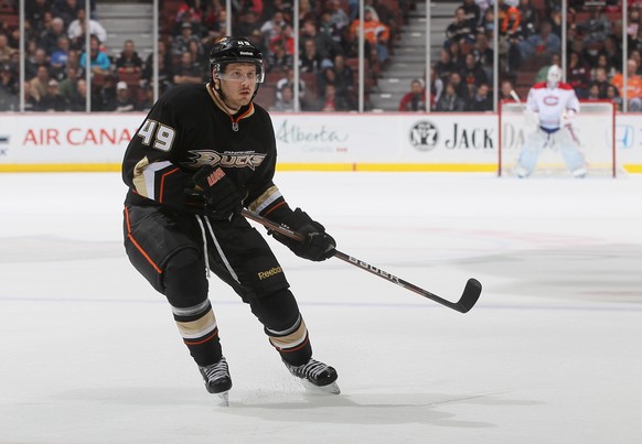 ANAHEIM, CA - NOVEMBER 30: Maxime Macenauer #49 of the Anaheim Ducks skates against the Montreal Canadiens at Honda Center on November 30, 2011 in Anaheim, California. (Photo by Jeff Gross/Getty Image ...