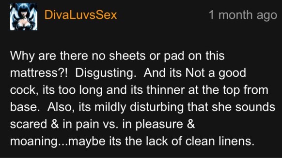 «Wieso sind da keine Decken oder Kissen auf der Matratze?! Abscheulich. Und der Penis ist nicht gut, er ist zu lang und vorne dünner als hinten. Auch ist es etwas verstörend, dass sie eher verängstigt ...
