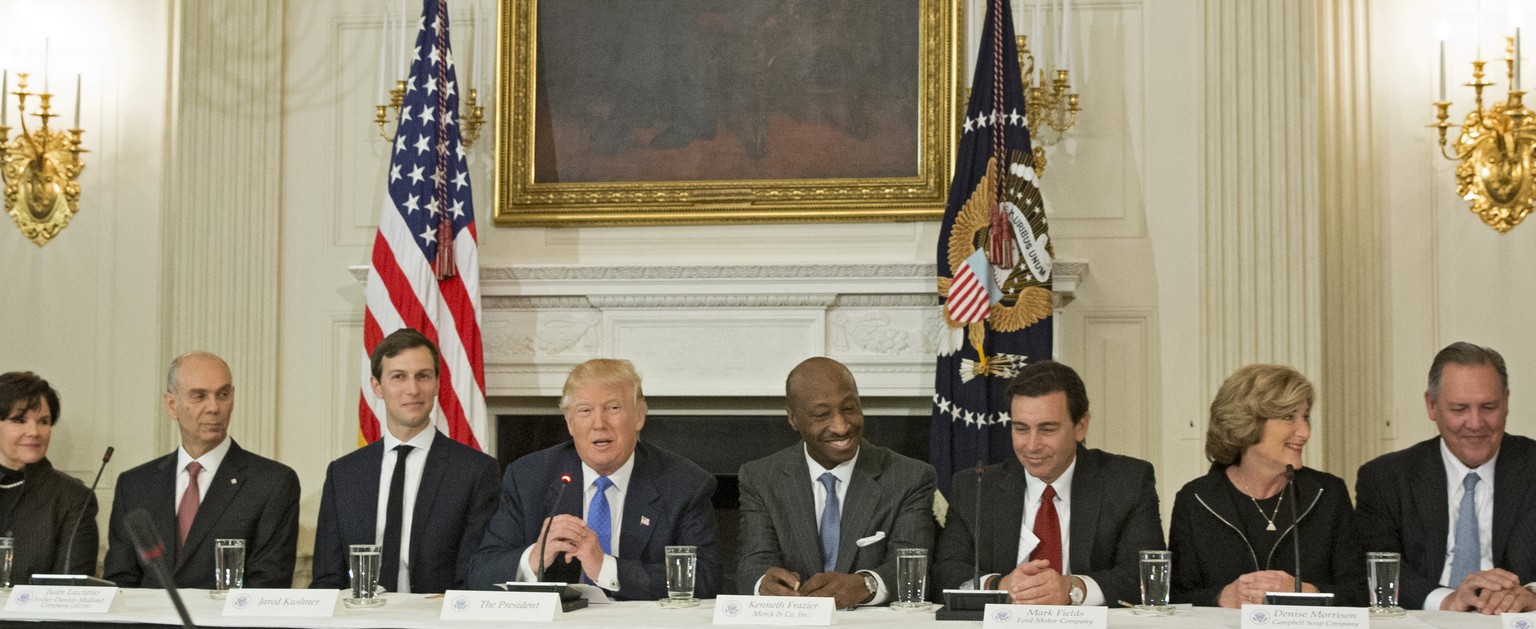 epa06147453 (FILE) - CEO of Campbell Soup Company Denise Morrison (2-R) atends while US President Donald J. Trump (C) speaks during a meeting with CEOs of manufacturing companies in the State Dining R ...