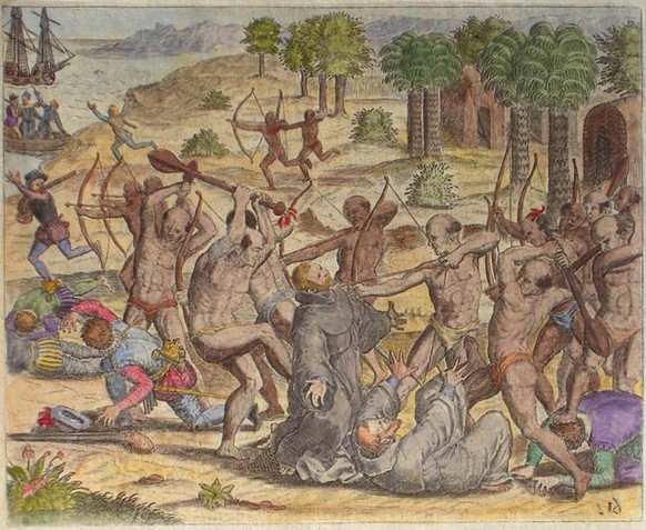 Massaker in Cumana, 1521:&nbsp;Missionierende Franziskaner werden von Einheimischen gelyncht. Die Indianer ertrugen die Ausbeutung durch die Conquistadores nicht mehr länger.&nbsp;