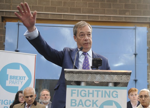 British MEP Nigel Farage speaks during the launch of the Brexit Party&#039;s European election campaign, Coventry, England, Friday, April 12, 2019. On Friday, Nigel Farage launched the campaign of his ...
