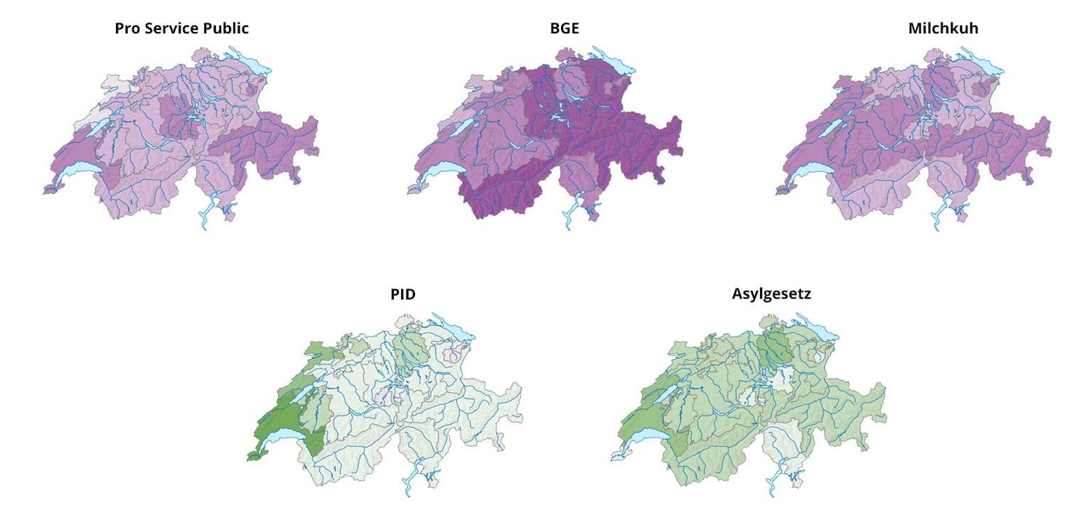 Einigkeit: Alle Kantone haben die Initiativen abgelehnt und die Gesetzesvorlagen angenommen, ausser die beiden Appenzell und Obwalden. (Violett: Nein-Mehrheit, Grün: Ja-Mehrheit)