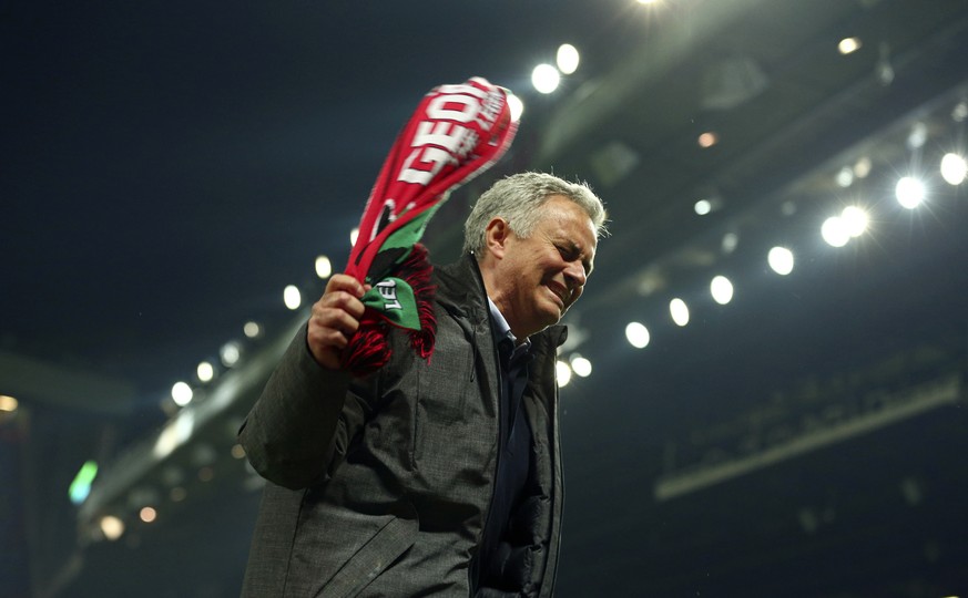 FILE - In this Thursday, May 11, 2017 file photo, Manchester United&#039;s manager Jose Mourinho celebrates after the end of the Europa League semifinal second leg soccer match between Manchester Unit ...