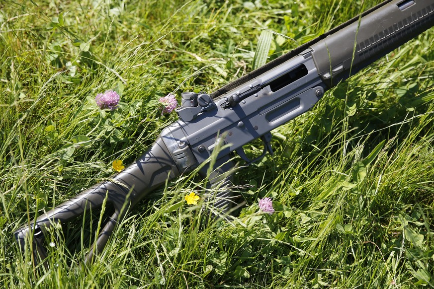 ARCHIV --- ZU DEN PLAENEN DER EU-KOMMISSION, SCHWEIZER STURMGEWEHRE ZU VERBIETEN, STELLEN WIR IHNEN FOLGENDES BILD ZUR VERFUEGUNG --- Ein Sturmgewehr liegt im Gras, beim Eidgenoessischen Feldschiessen ...