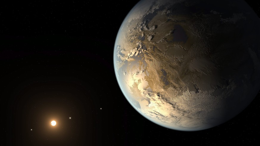 Künstlerische Darstellung von Kepler-186f, dem ersten entdeckten&nbsp;erdähnlichen&nbsp;Exo-Planeten, dessen Umlaufbahn in der habitablen Zone verläuft. Der vor der aktuellen Entdeckung erdähnlichste  ...