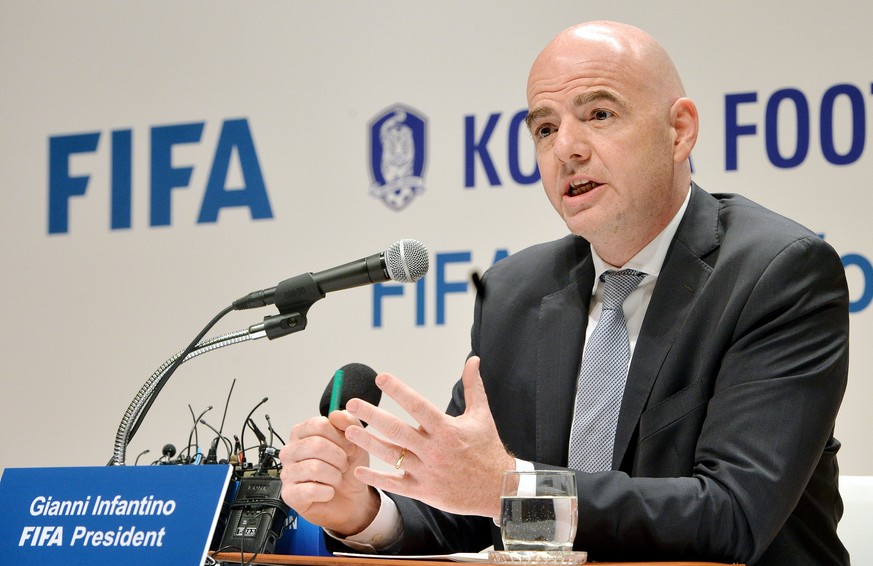 FIFA President Gianni Infantino speaks during a news conference in Seoul, South Korea, April 27, 2016. News1/Park Se-yeon/via REUTERS ATTENTION EDITORS - THIS IMAGE WAS PROVIDED BY A THIRD PARTY. FOR  ...