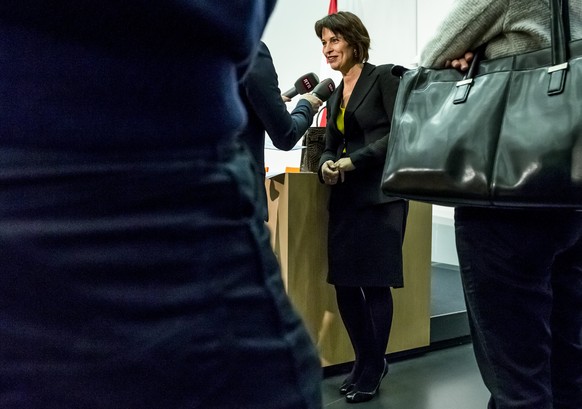 Swiss Federal councillor Doris Leuthard during a press conference about the result of the vote on &quot;An orderly exit from nuclear power&quot;, on Sunday, November 27, 2016, in Bern, Switzerland. Sw ...