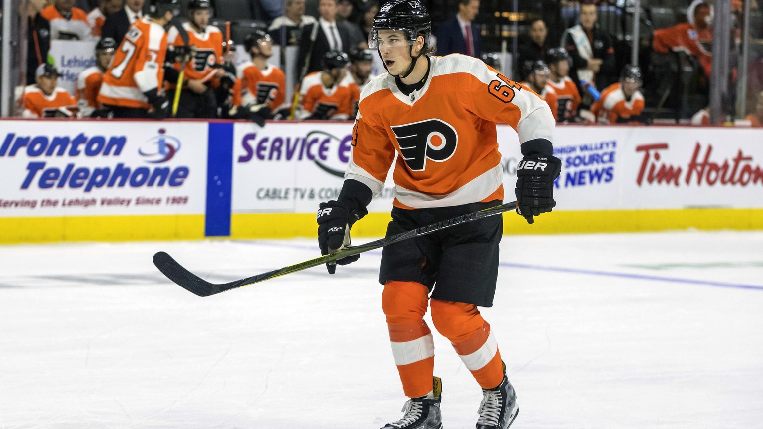 Philadelphia Flyers&#039; Nolan Patrick skates on the ice during the first period of a preseason NHL hockey game against the New York Islanders, Wednesday, Sept. 20, 2017, in Allentown, Pa. (AP Photo/ ...