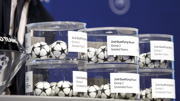 the pots with the balls containing the names of the soccer clubs ares pictured, prior the drawing of the games for the Champions League 2017/18 Second qualifying round, at the UEFA headquarters in Nyo ...