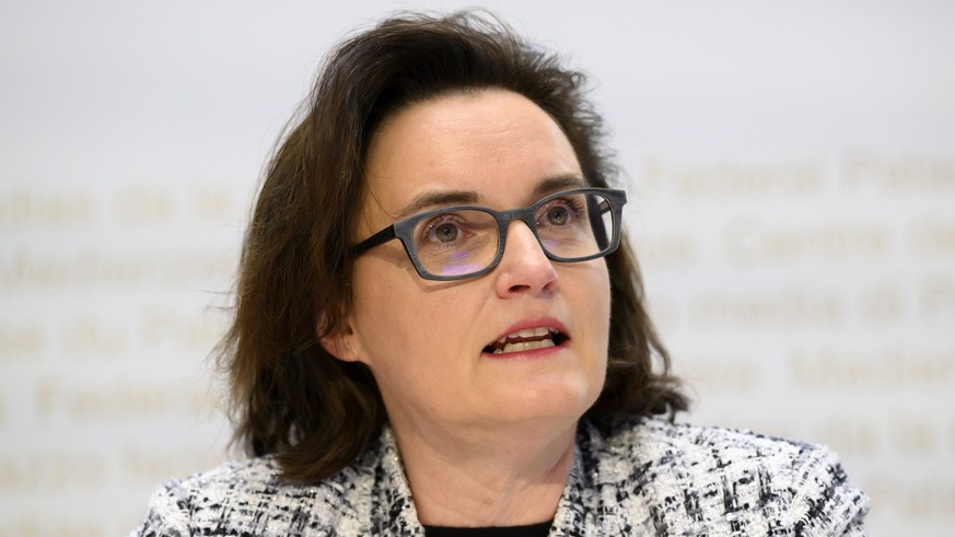 Nachrichten Linkding Marlene Amstad, Verwaltungspraesident FINMA, spricht waehrend der Jahresmedienkonferenz der Eidgenoessischen Finanzmarktaufsicht FINMA, am MIttwoch, 5. April 2022 in Bern. (KEYSTONE/Anthony Anex)