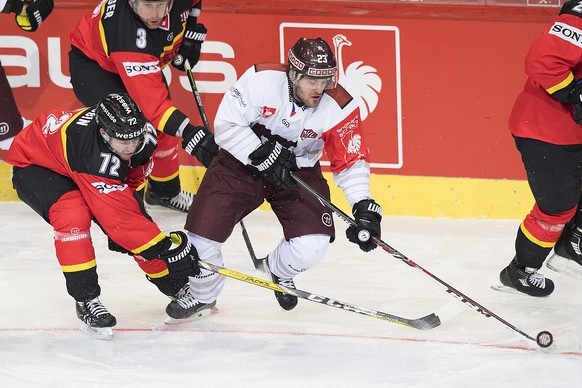 Bern&#039;s David Jobin, left, and Sparta&#039;s Lukas Pech, right, fight for the puck, during the Champions Hockey League quarter final ice hockey match between Switzerland&#039;s SC Bern and Czech R ...