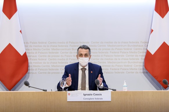 Bundesrat Ignazio Cassis spricht an der Medienkonferenz zu China Strategie 2021 ? 2024, im Anschluss an die Bundesratssitzung, am Freitag, 19. Maerz 2021 in Bern. (KEYSTONE/Anthony Anex)