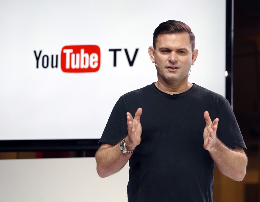 Christian Oestlien, director of product management at YouTube, speaks during the introduction of YouTube TV at YouTube Space LA in Los Angeles, Tuesday, Feb. 28, 2017. People fed up with paying for ca ...