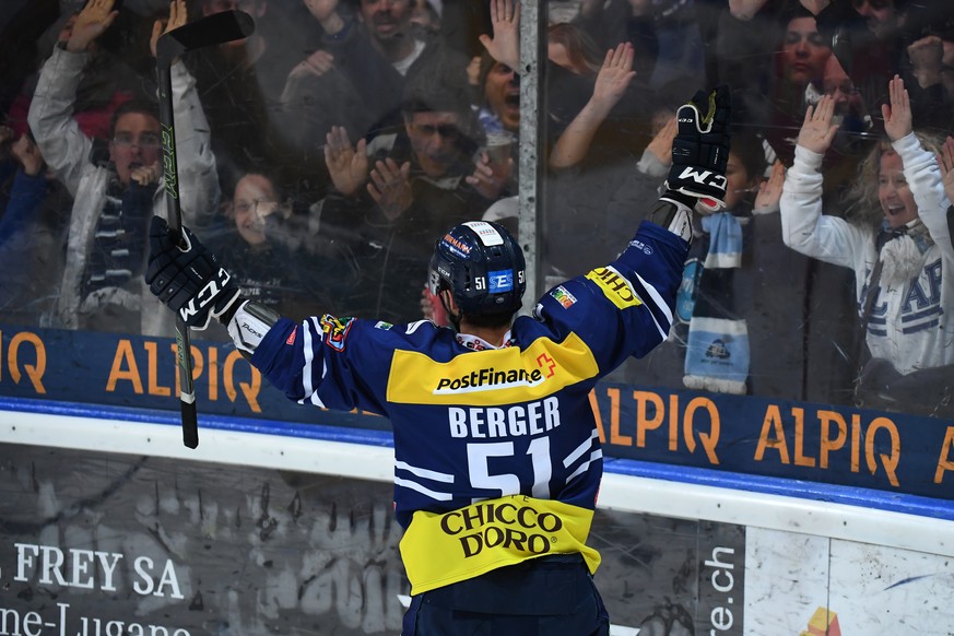 Ambri&#039;s player Sven Berger celebrates the 1-1 goal during the third league qualification ice hockey game of the Swiss Championship 2016/17 between National League A team HC Ambri Piotta and Natio ...