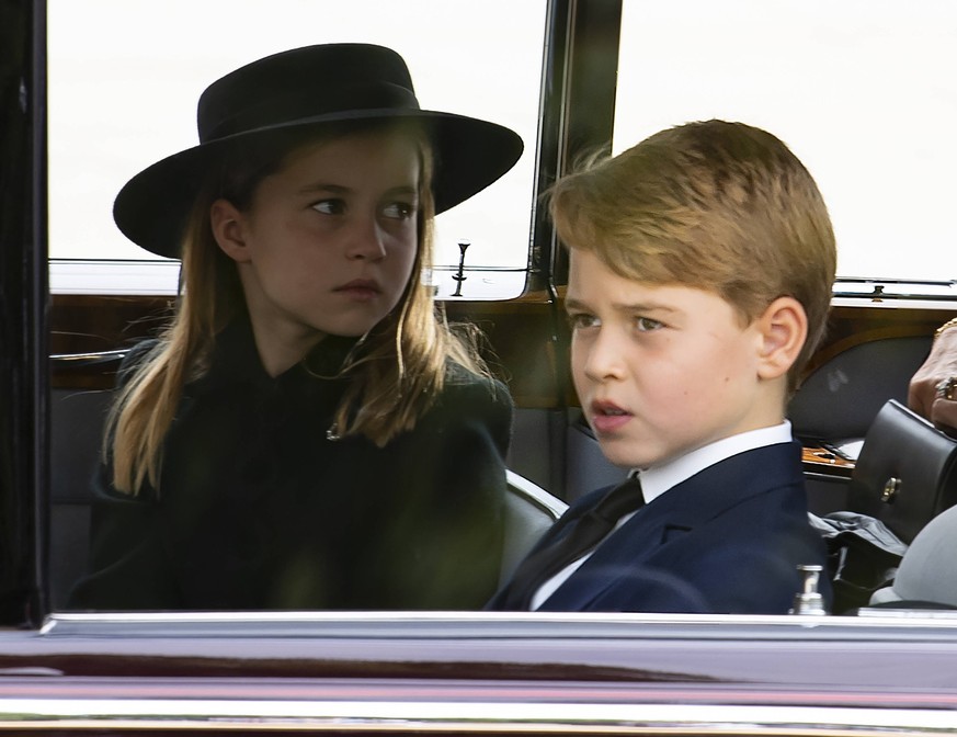 Queen Elizabeth II Funeral Princess Charlotte and Prince George follows The Queens coffin at her State Funeral. After a service at Westminster Abbey, The Queen will be taken to St Georges Chapel, Wind ...
