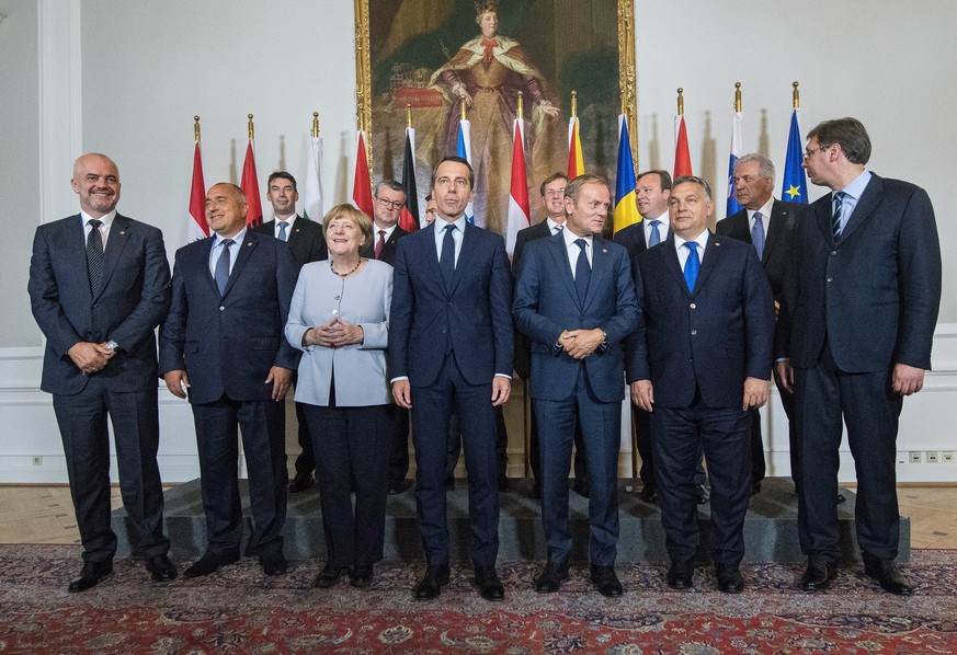 epa05554212 (front row, L-R) Albanian Prime Minister Edi Rama, Bulgarian Prime Minister Boyko Borissov, German Chancellor Angela Merkel, Austrian Chancellor Christian Kern, European Council President  ...